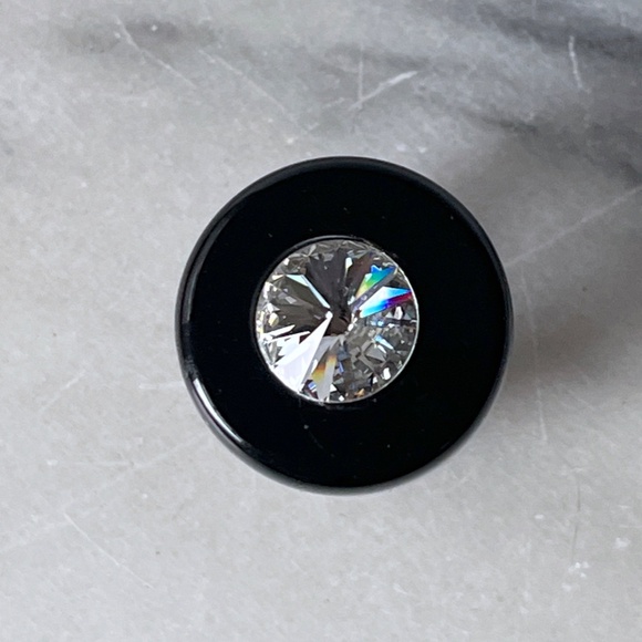 Vintage Size 5.75 Lucite Ring Chunky Flat Top Dome Black w Rhinestone Statement - Picture 2 of 14